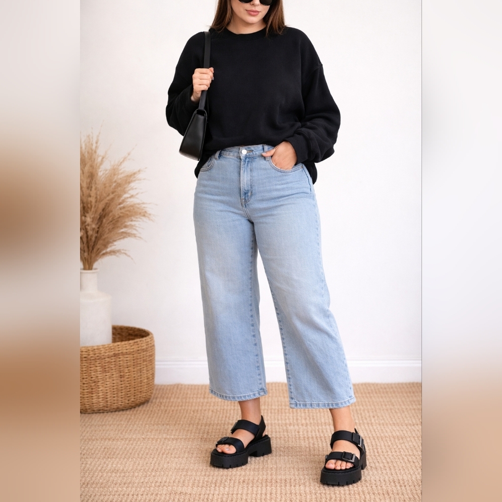Ettelo Wide Leg Cropped Jeans Light Wash High Rise Ankle Denim Trendy